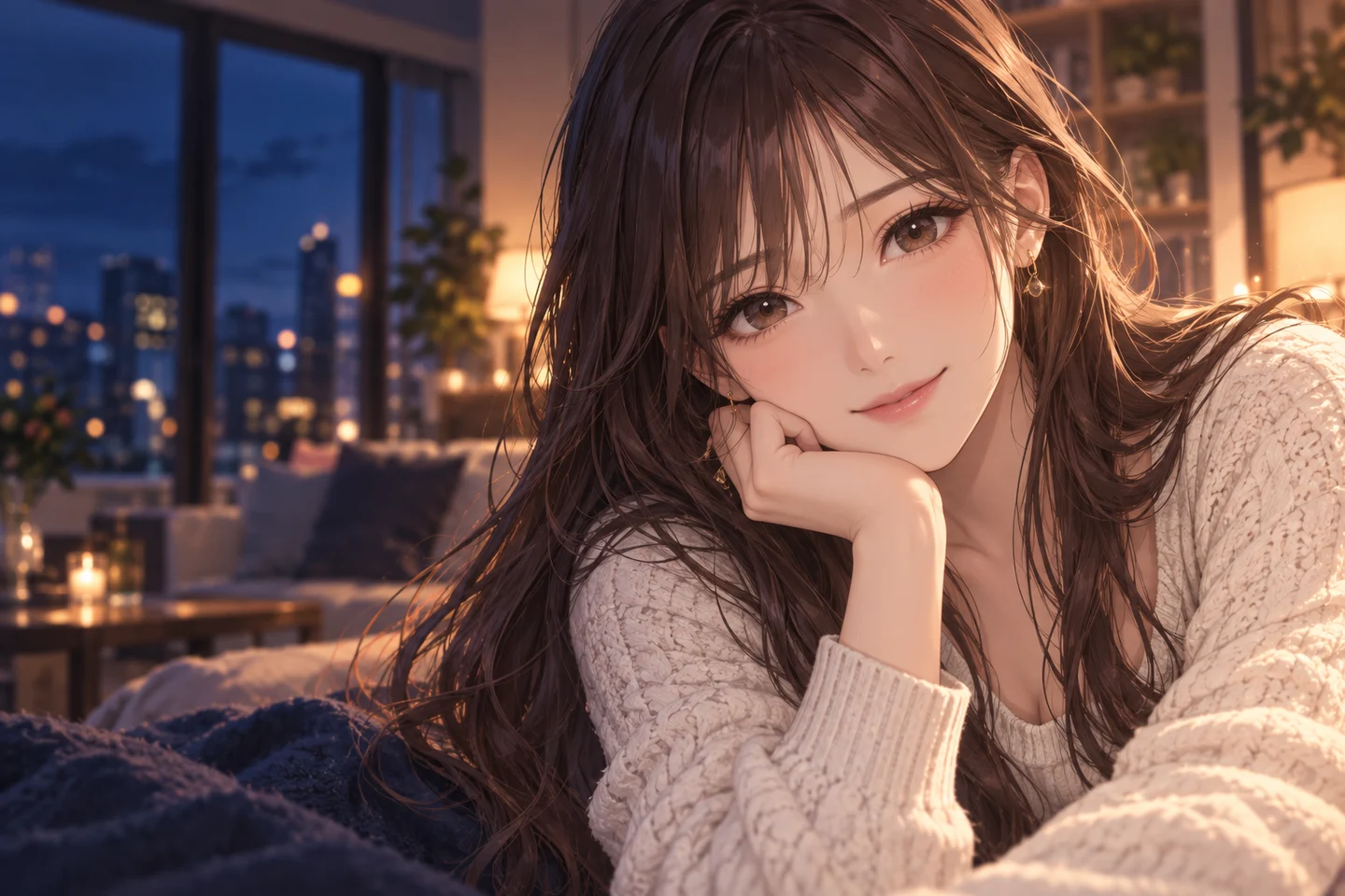 暖かな部屋で微笑む橘美月、24歳